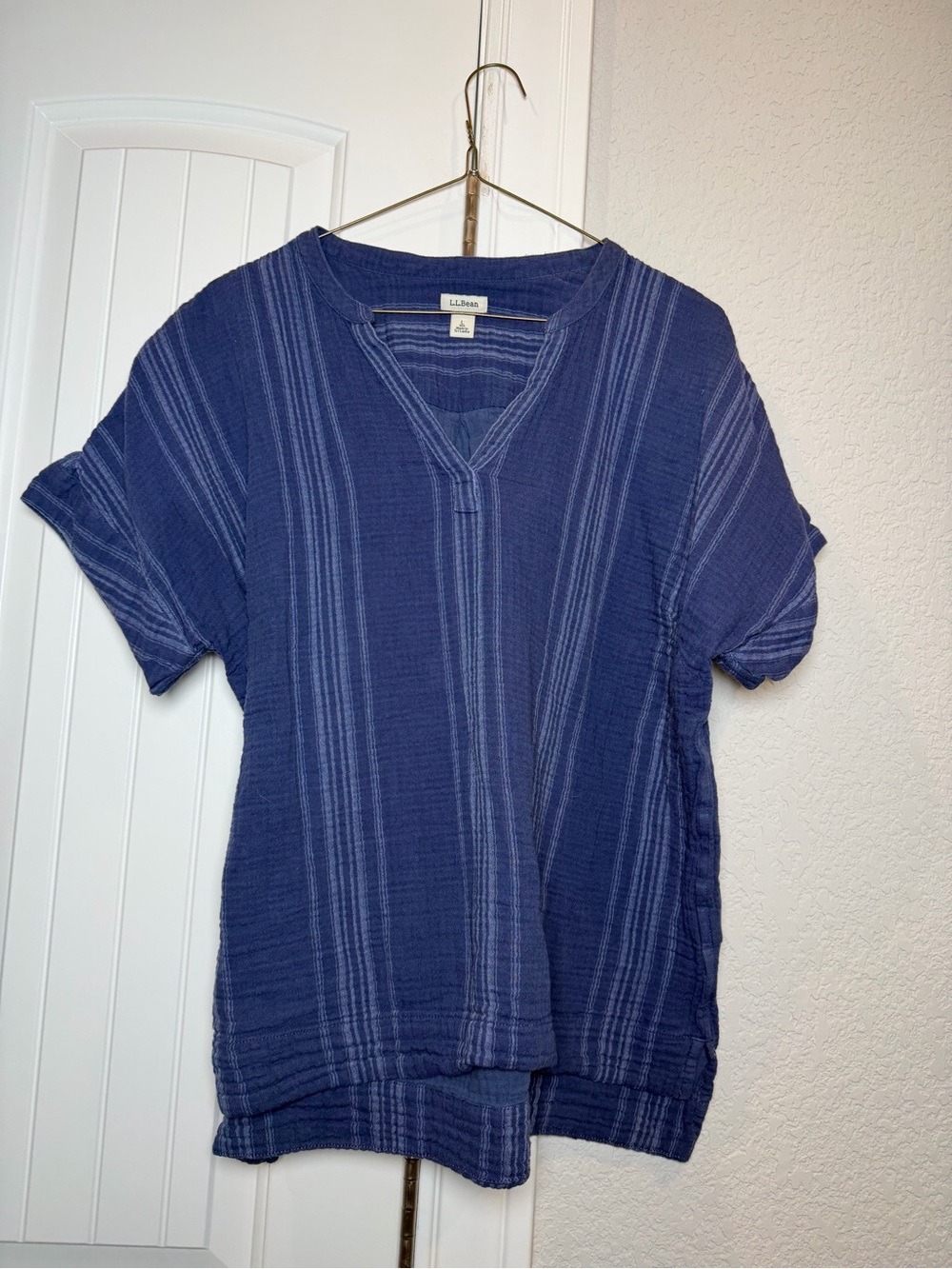 L.L. Bean Indigo Short-Sleeve V-Neck Stripe Top